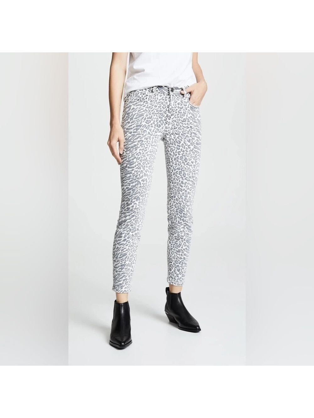 NWT Current/Elliott The Stiletto Cropped Jeans Warped Leopard Gray Cream 30
